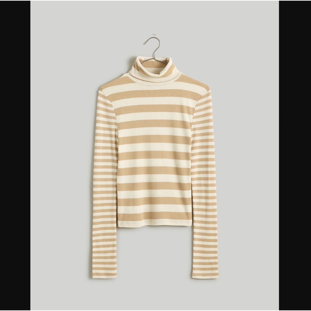 Madewell Turtleneck Top‎ Women S Tan Striped Ribbed Long Sleeve Cotton N0424